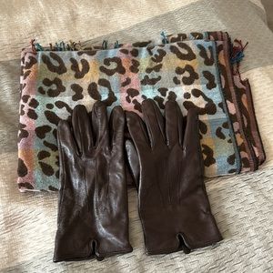 Multicolor Animal Print Scarf and brown leather gloves